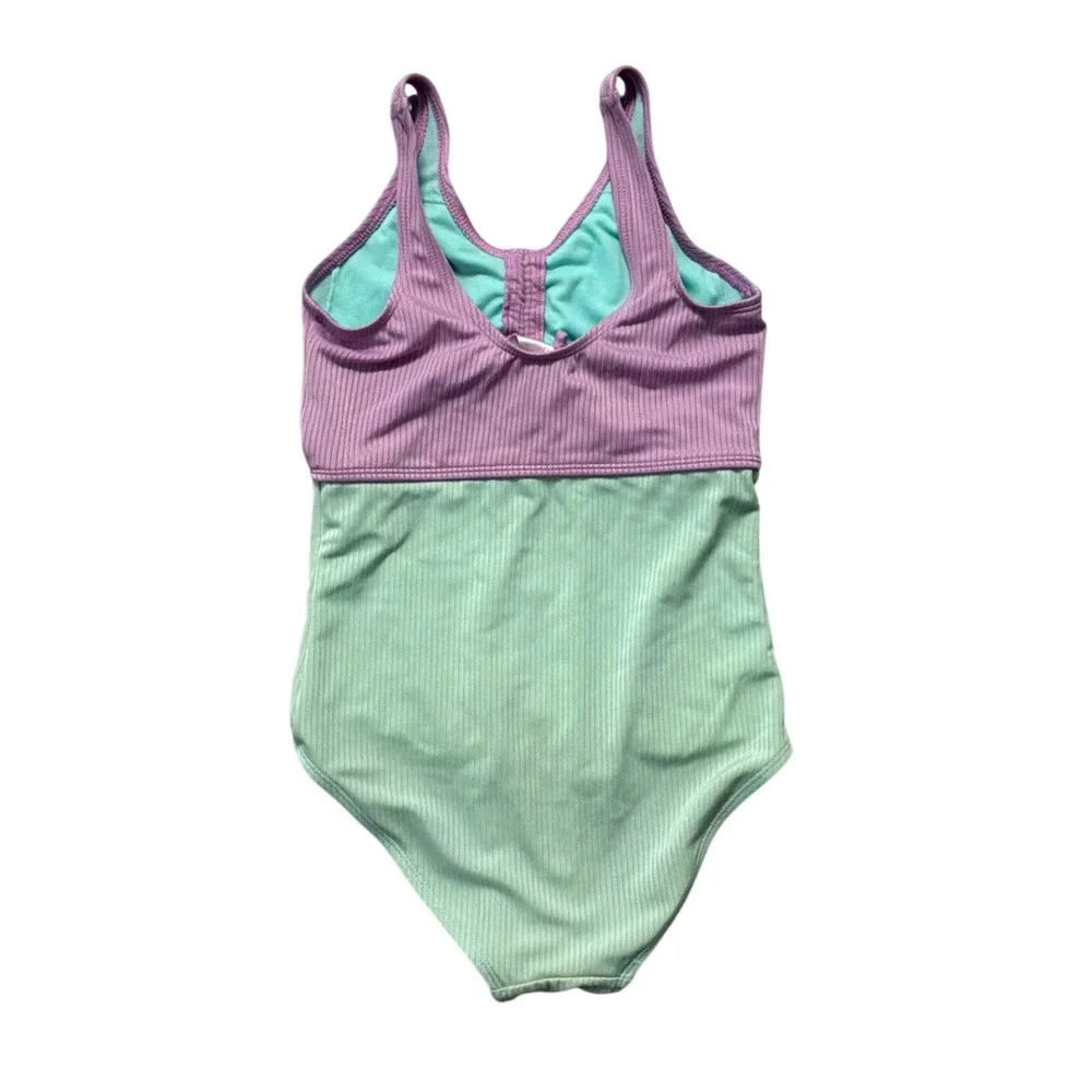 Justice Beach Girls Purple Mint Green Ribbed Colorblock One‎ Piece Swimsuit